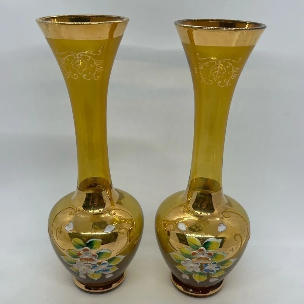 Pair of Vintage Norleans Japan Amber Vases Hand Painted Flowers and Gold Accents